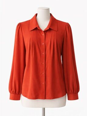 Forever 21 Puff Sleeve Blouse M Red Orange Collared Button Front Stretch Top